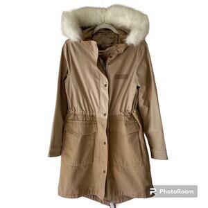 GAP 2-in-1 Parka Coat Jacket with Fur Trim Removable Lining Khaki Tan Hooded S